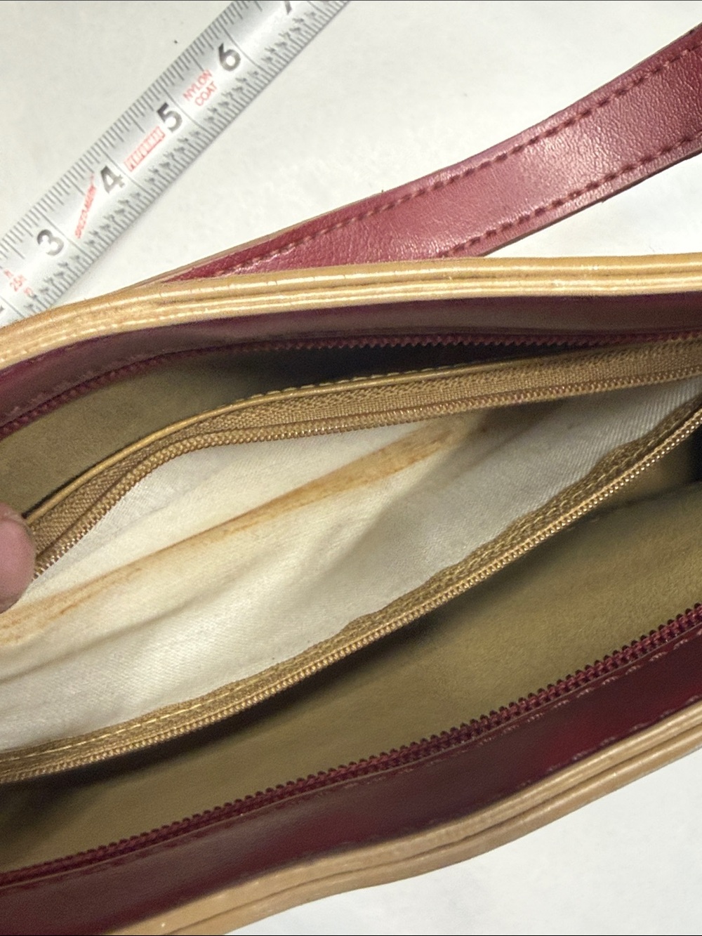 Mondani Burgundy and Tan Faux Leather Shoulder Bag with Perforated Floral Detail - Picture 7 of 10